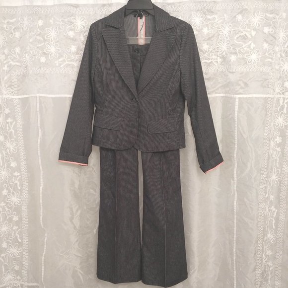 Charcoal Pinstripe STRETCH-Denim Pantsuit, 6 - Picture 1 of 9